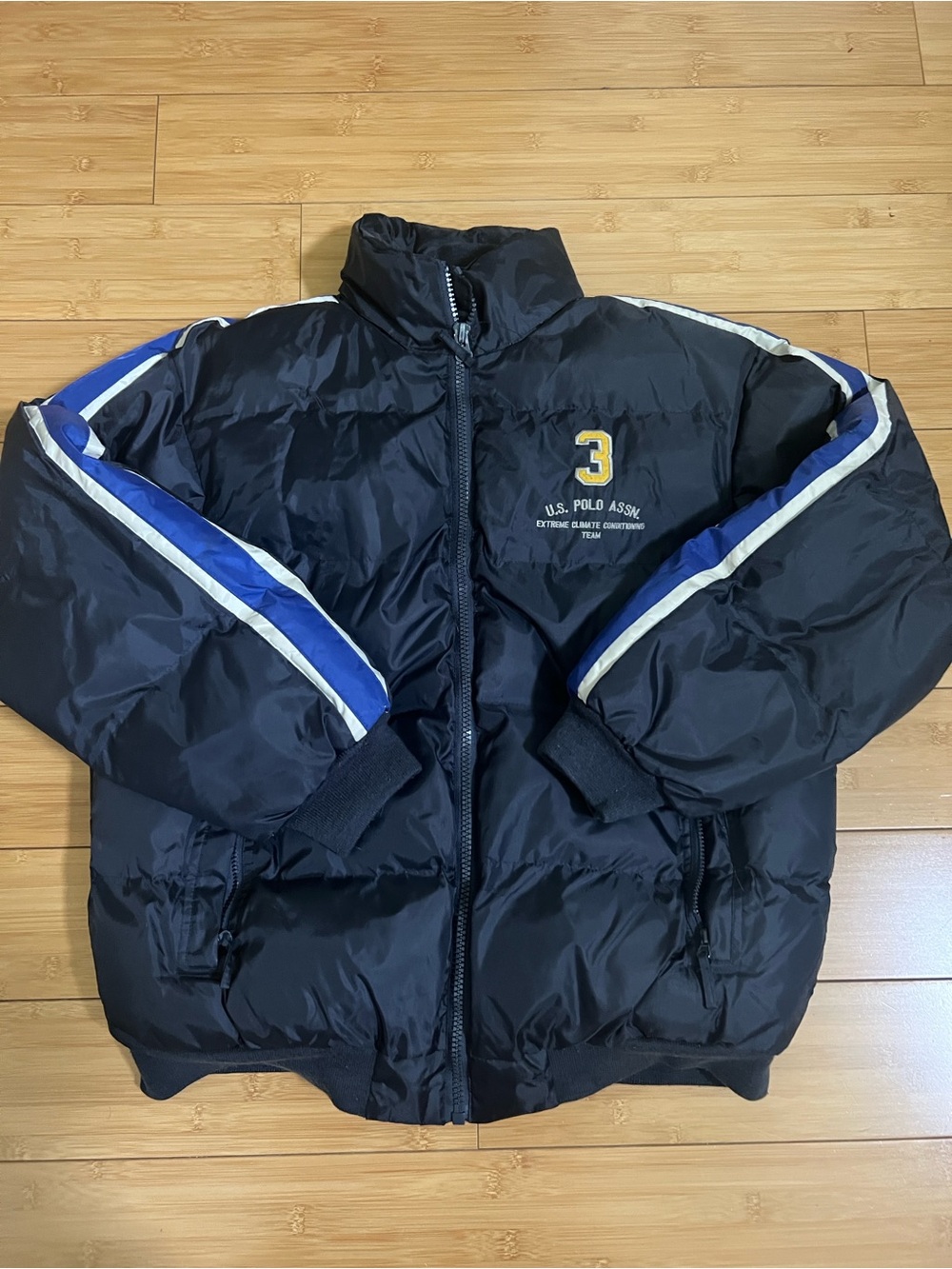 Vintage U.S. Polo Assn. Navy Jacket with Blue & White Sleeve Stripes Large